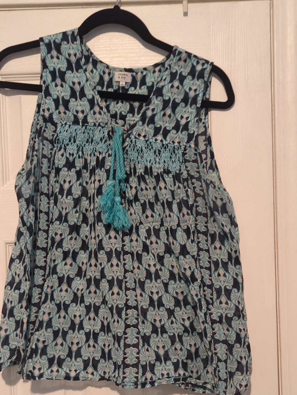 Crown & Ivy Sleeveless Blue Patterned Tassel Top